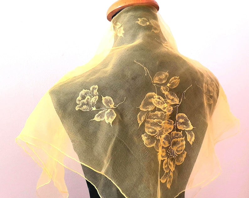 Vintage 1950s Retro Yellow Sheer Chiffon Floral Print Square Scarf