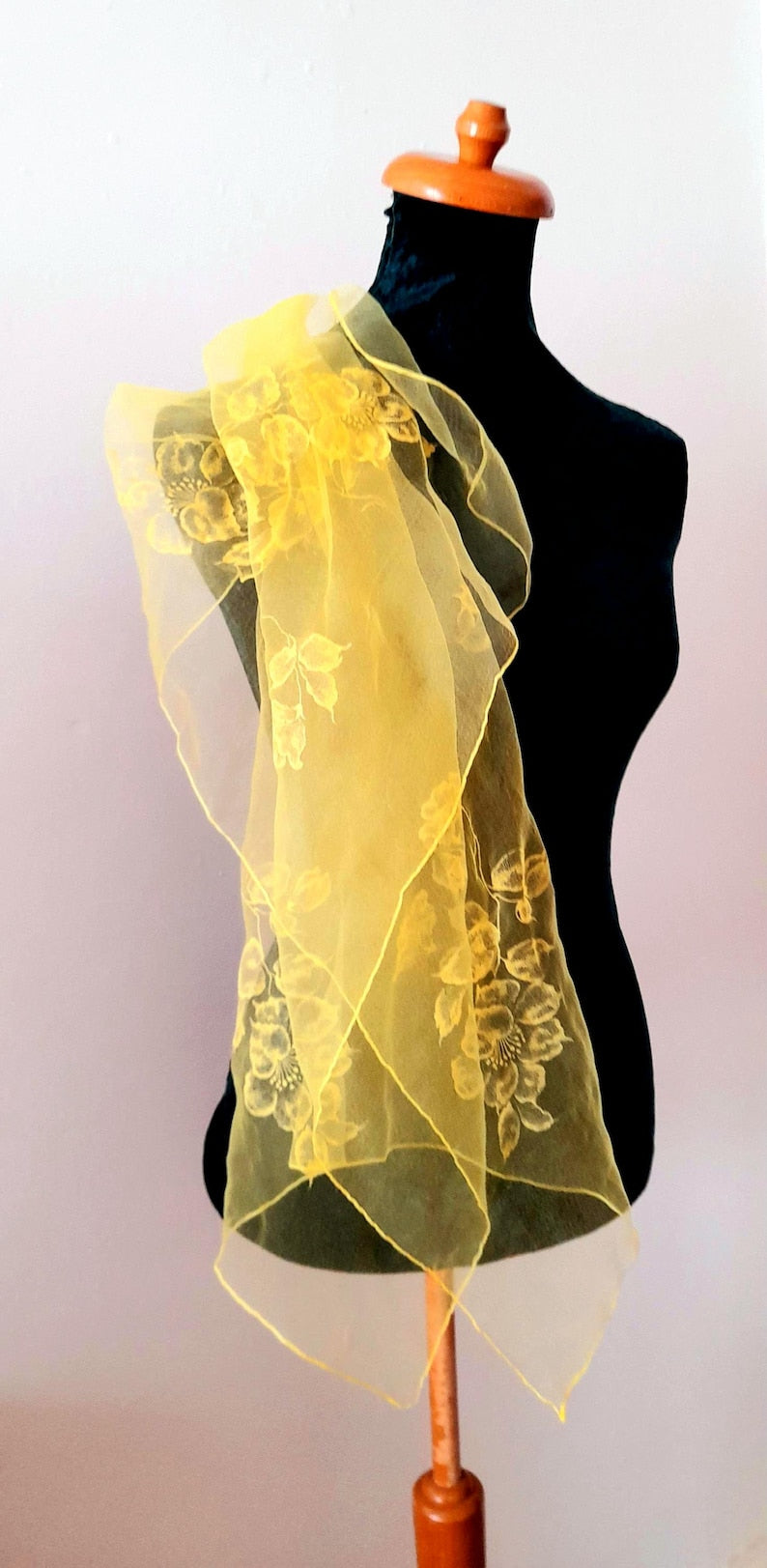 Vintage 1950s Retro Yellow Sheer Chiffon Floral Print Square Scarf