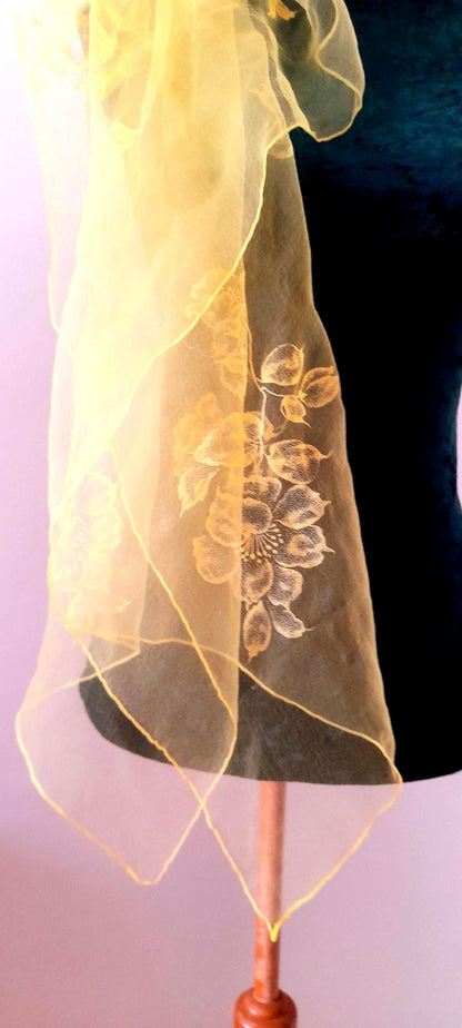 Vintage 1950s Retro Yellow Sheer Chiffon Floral Print Square Scarf
