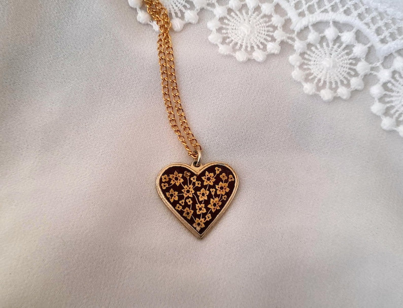 Gold Damascene Vintage 1960s Enamel Floral Heart Pendant