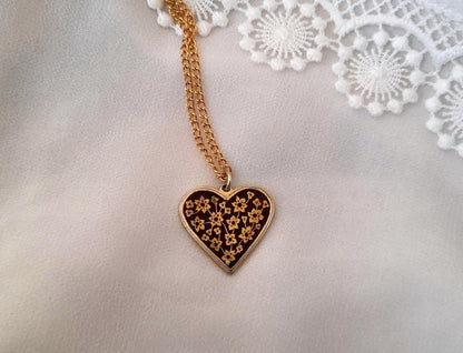 Gold Damascene Vintage 1960s Enamel Floral Heart Pendant
