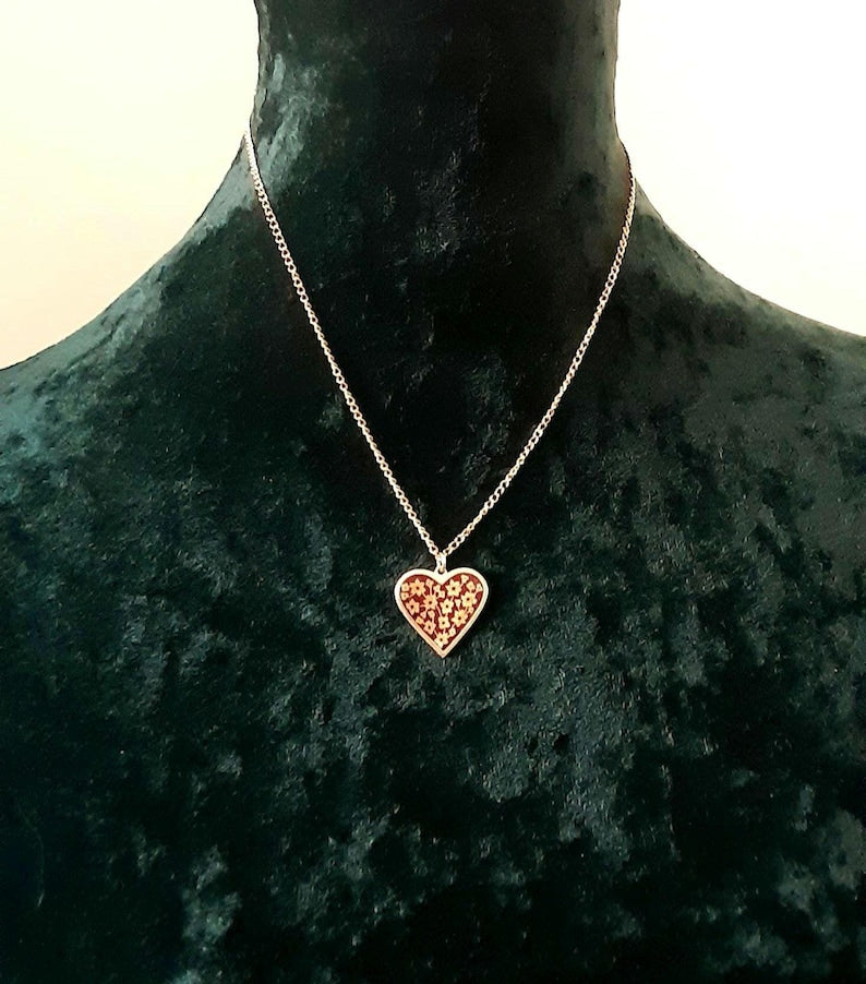Gold Damascene Vintage 1960s Enamel Floral Heart Pendant