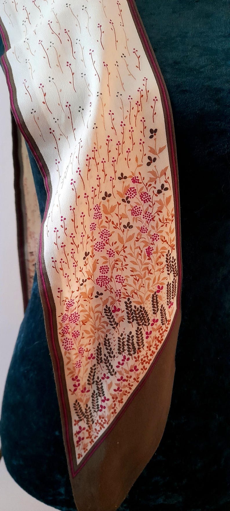 Vintage 1970s Cream Brown Pink Wildflower Print Chiffon Scarf