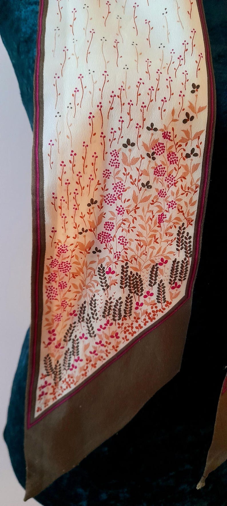 Vintage 1970s Cream Brown Pink Wildflower Print Chiffon Scarf