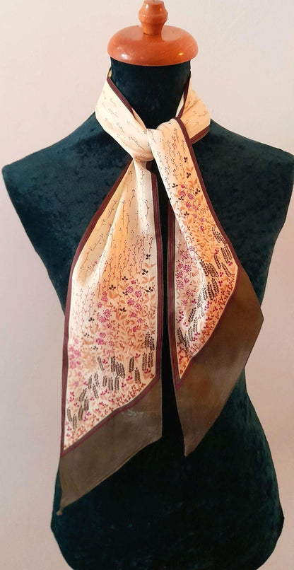 Vintage 1970s Cream Brown Pink Wildflower Print Chiffon Scarf