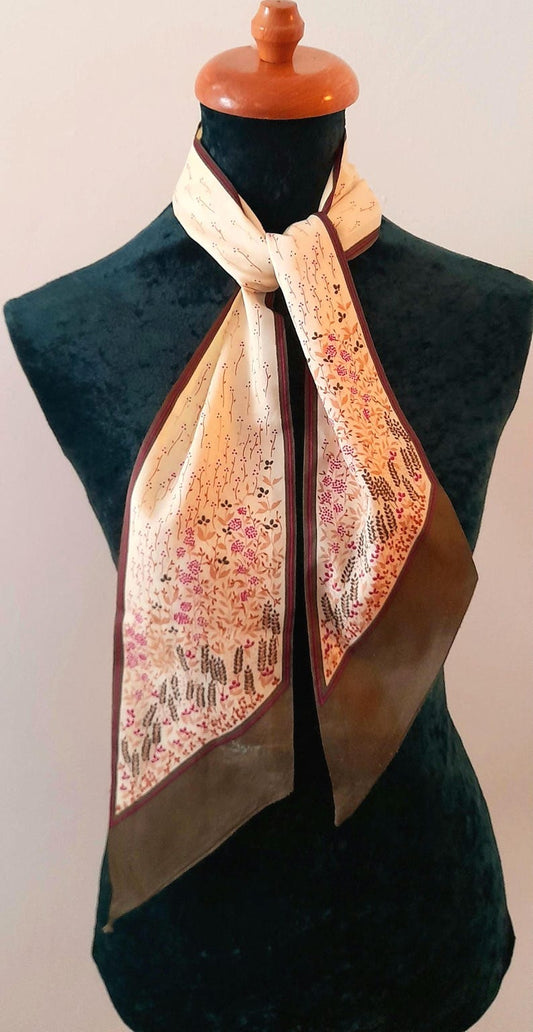 Vintage 1970s Cream Brown Pink Wildflower Print Chiffon Scarf