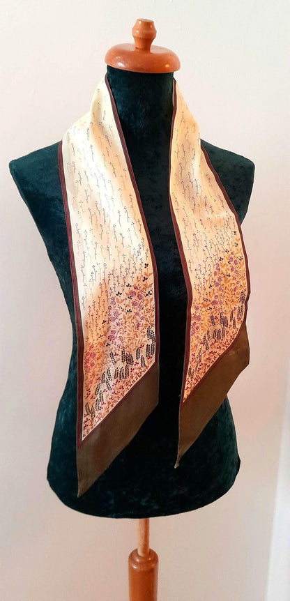 Vintage 1970s Cream Brown Pink Wildflower Print Chiffon Scarf