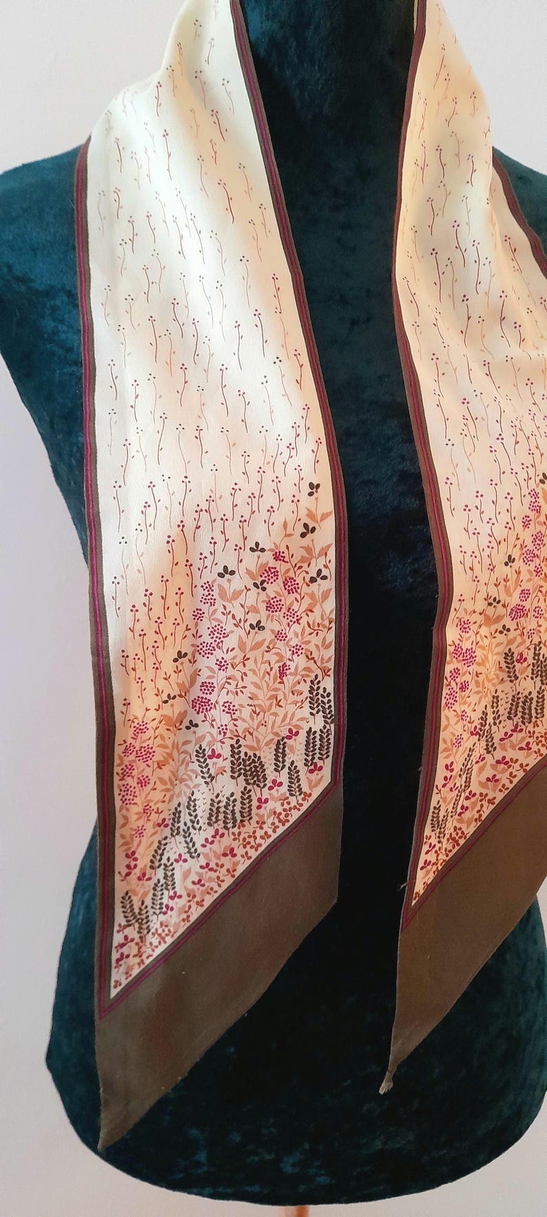 Vintage 1970s Cream Brown Pink Wildflower Print Chiffon Scarf
