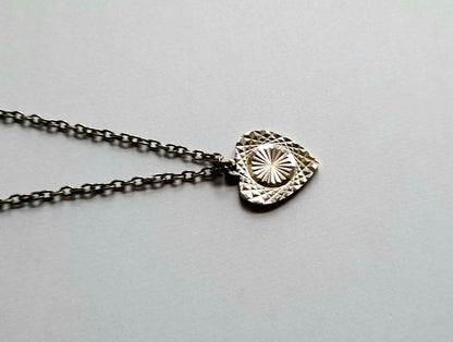 Vintage 1970s Polished Silver Plated Etched Shimmer Mandala Heart Pendant