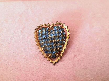 Vintage 1950s Goldtone Metal Light Blue Sparkling Studded Rhinestone Heart Pin Brooch