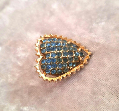 Vintage 1950s Goldtone Metal Light Blue Sparkling Studded Rhinestone Heart Pin Brooch