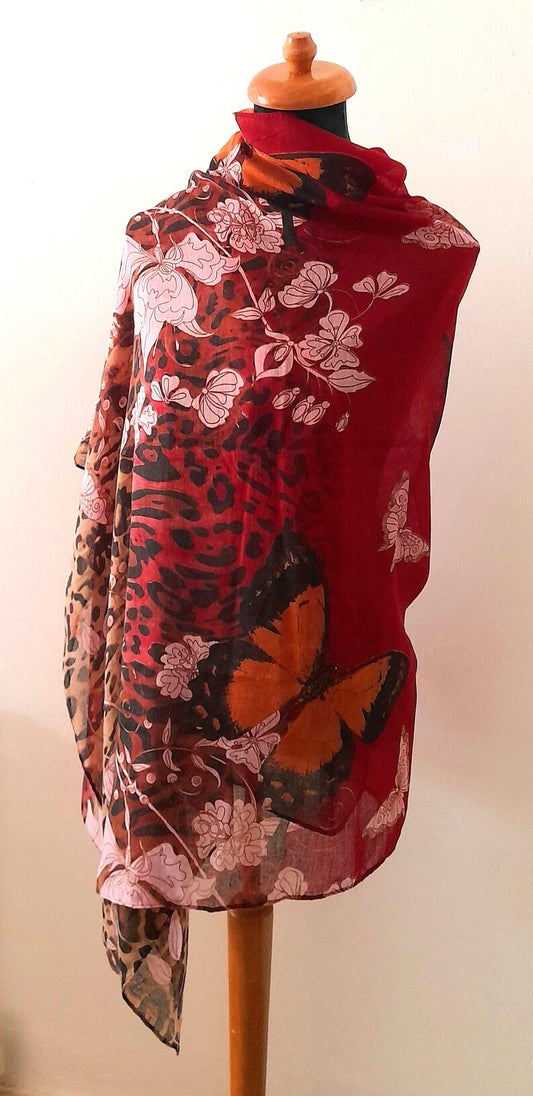 Red Orange Pink Butterfly Flower Leopard Print Sheer Viscose Chiffon Large Vintage Shawl Scarf