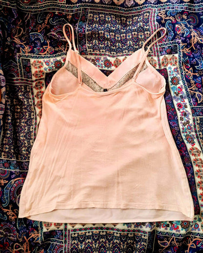 Vintage 80s Pink Silky Lace v Neck Camisole Top