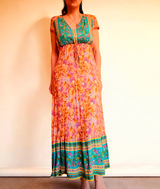 Vintage 1970s Light Apricot Orange Pink Floral Gypsy Boho Button Maxi Dress
