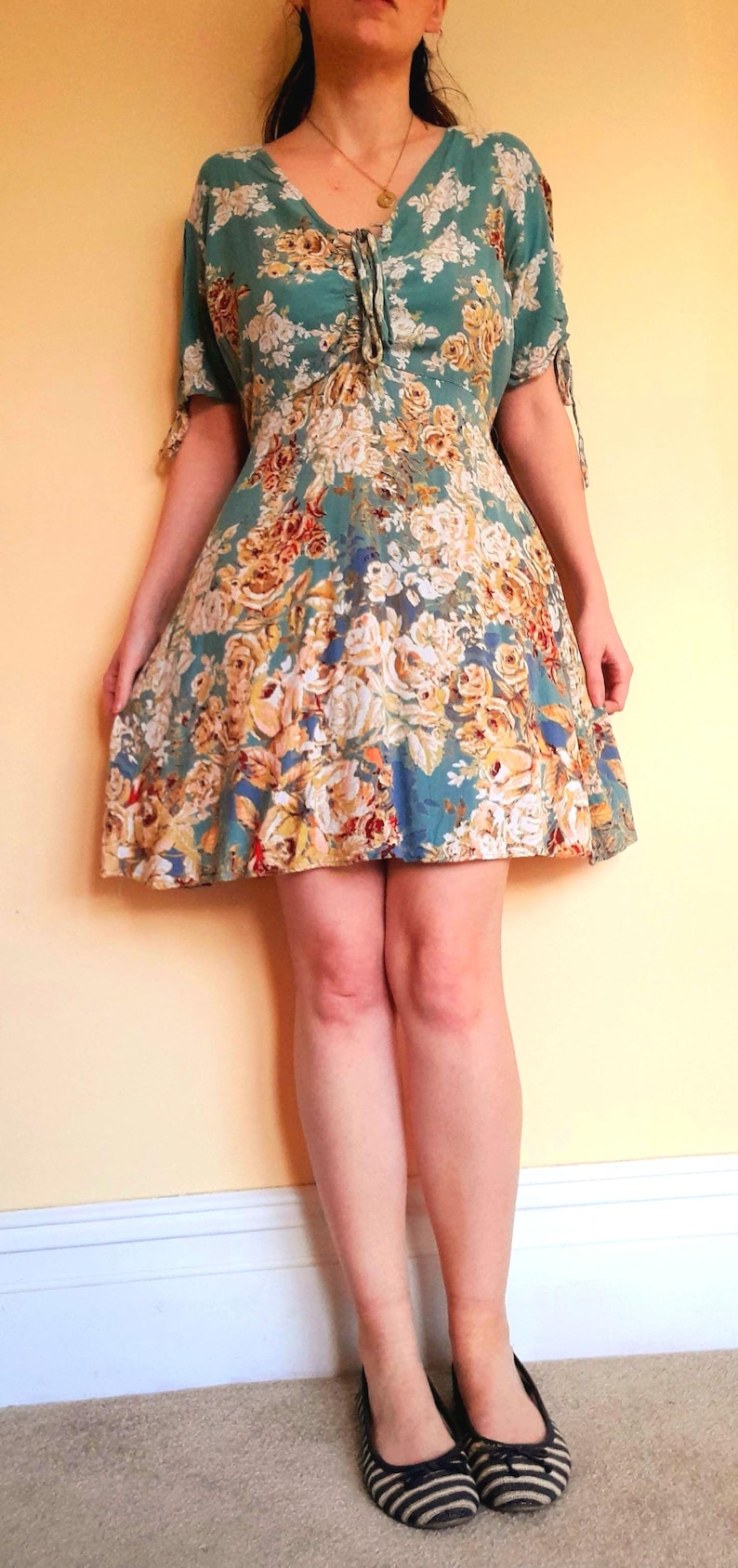 Vintage Nostalgia Sage Green Gold Rose Tea Dress