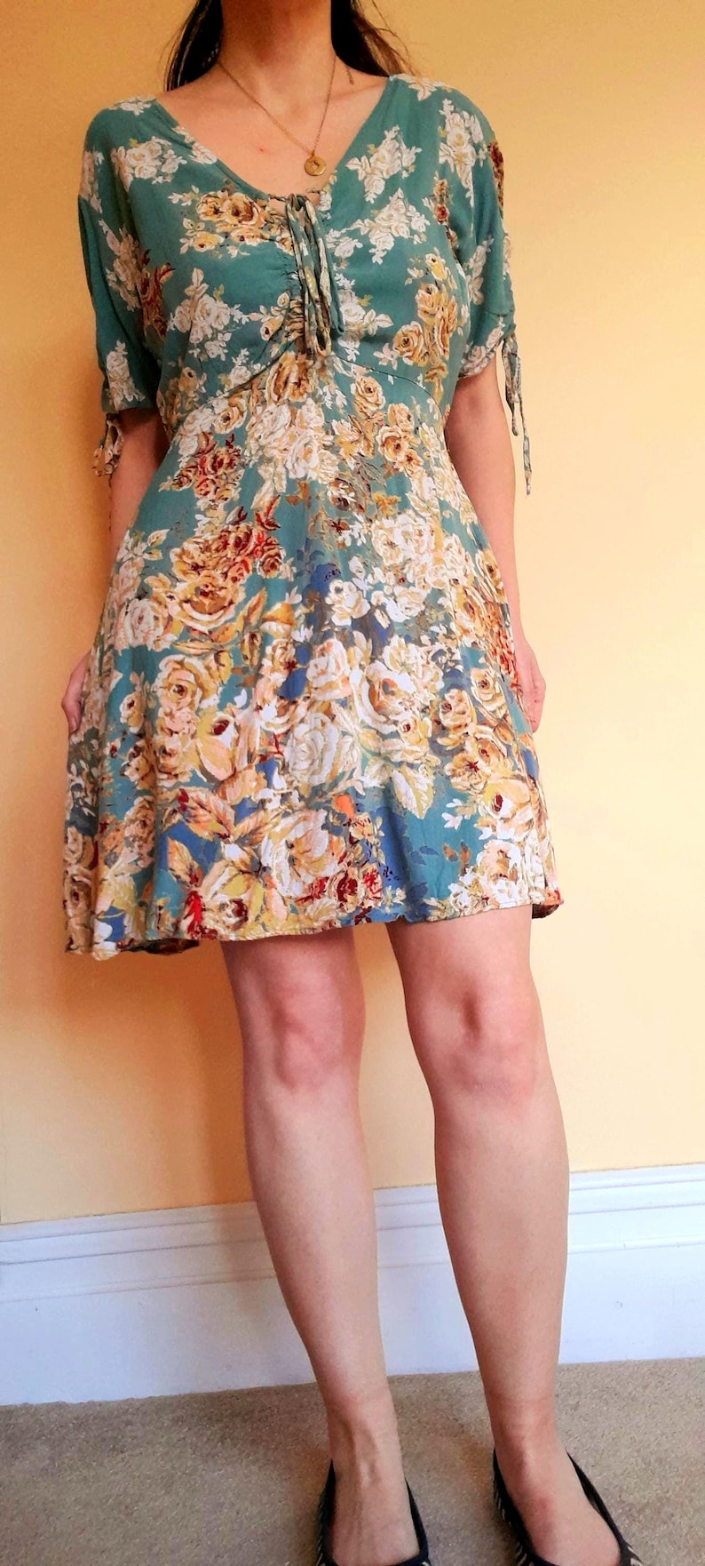 Vintage Nostalgia Sage Green Gold Rose Tea Dress