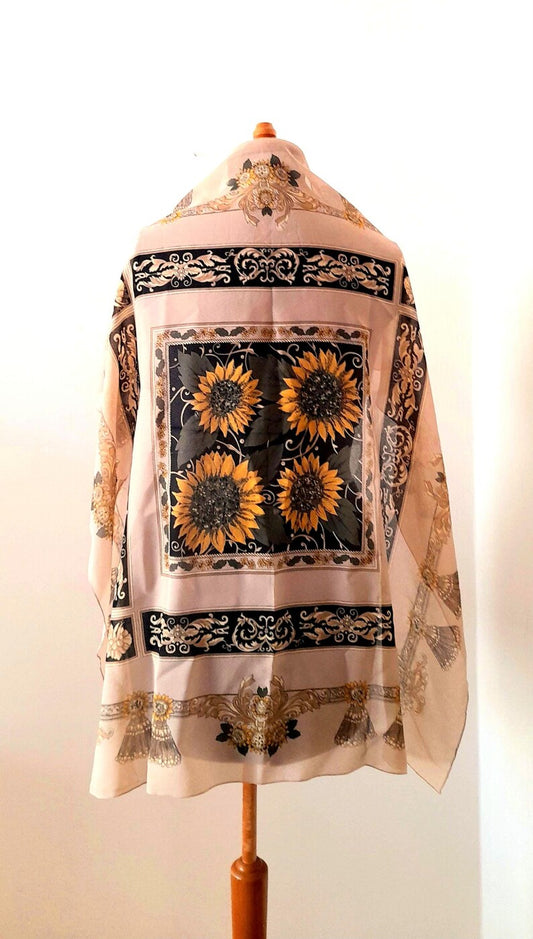 Vintage Sunflower Print Beige Black Square Chiffon Scarf
