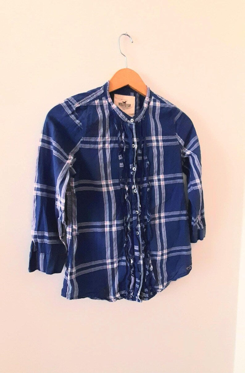 Vintage Y2K HOLLISTER Navy White Pink Check Plaid Frill Cotton Blouse