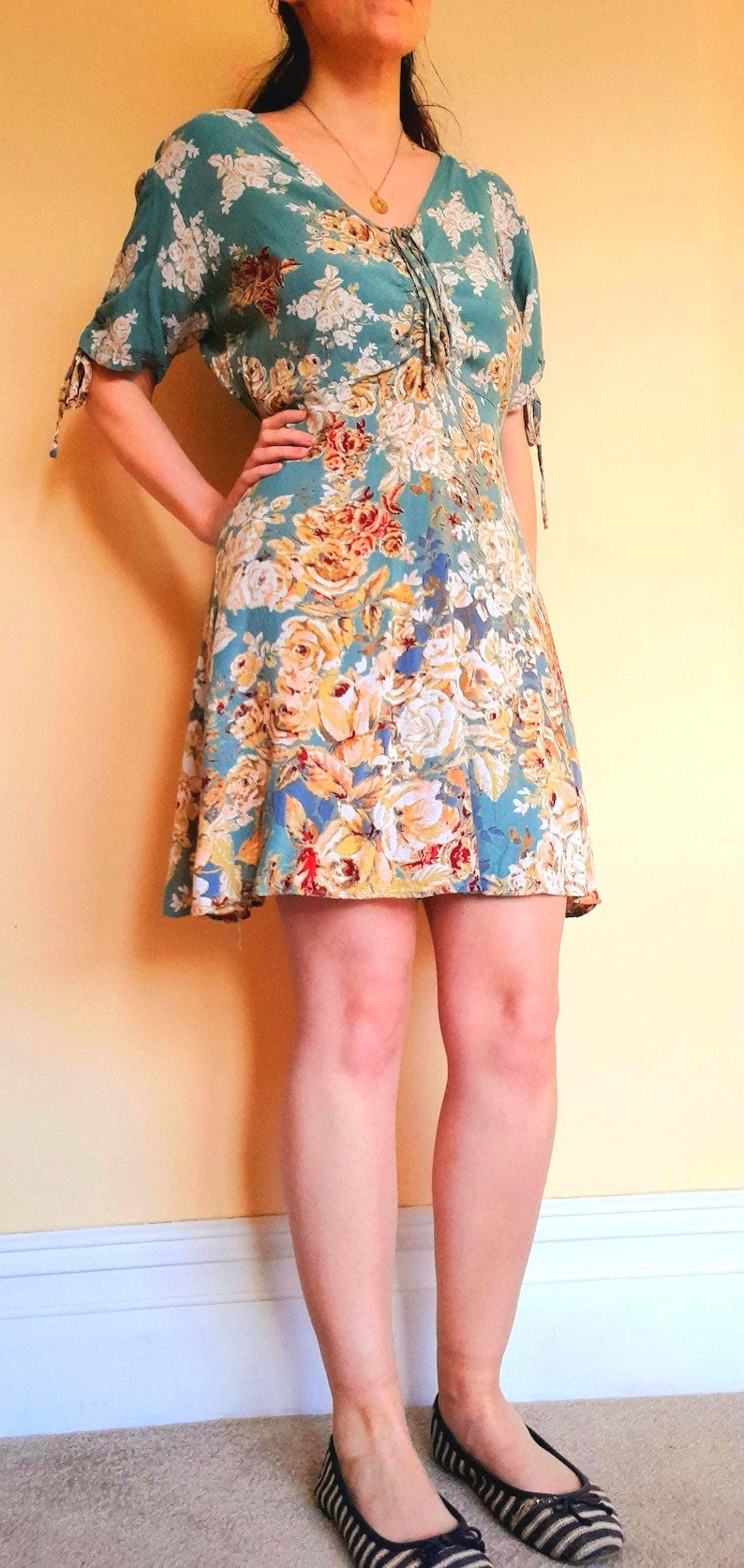 Vintage Nostalgia Sage Green Gold Rose Tea Dress