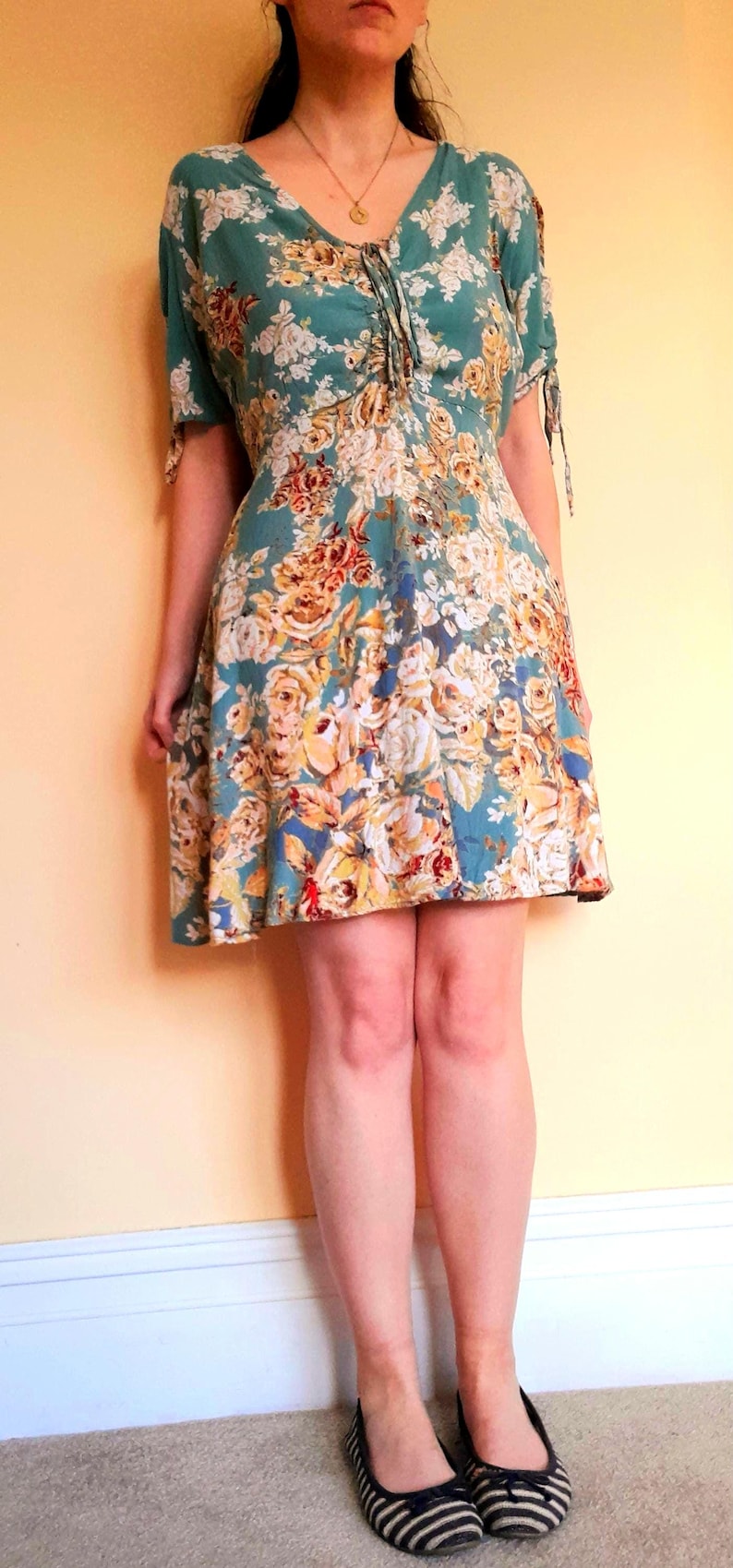 Vintage Nostalgia Sage Green Gold Rose Tea Dress