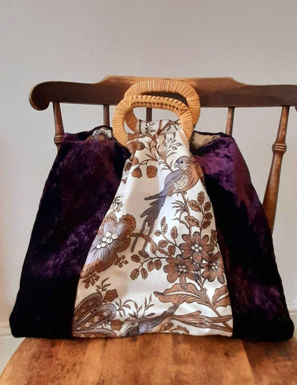 Purple Velvet Cotton Bird & Flowers Vintage Fabric Large Carry Tote Bag
