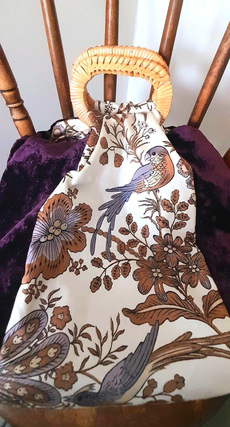Purple Velvet Cotton Bird & Flowers Vintage Fabric Large Carry Tote Bag