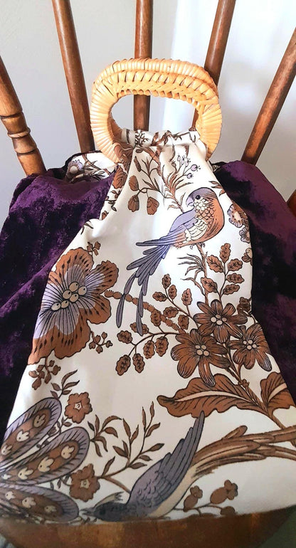 Purple Velvet Cotton Bird & Flowers Vintage Fabric Large Carry Tote Bag