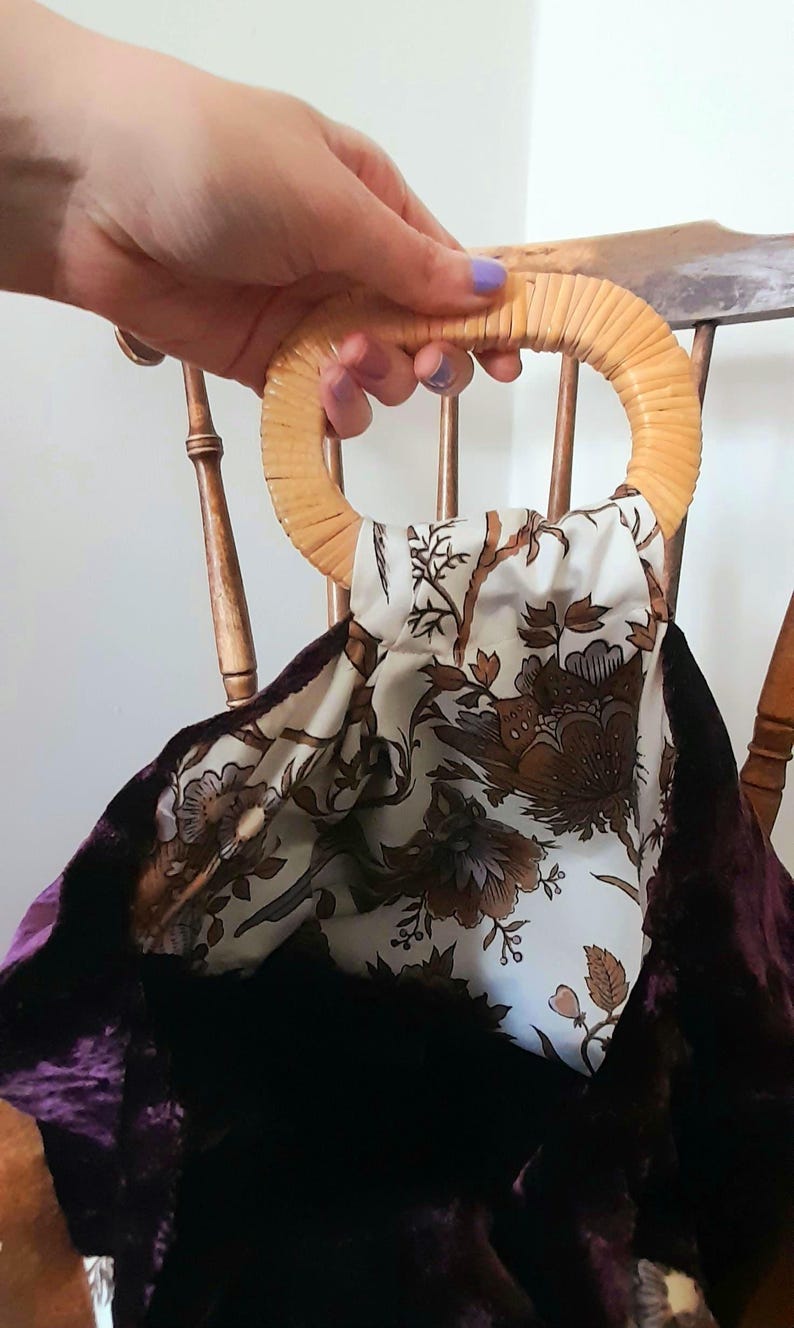 Purple Velvet Cotton Bird & Flowers Vintage Fabric Large Carry Tote Bag