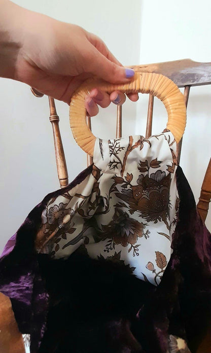 Purple Velvet Cotton Bird & Flowers Vintage Fabric Large Carry Tote Bag