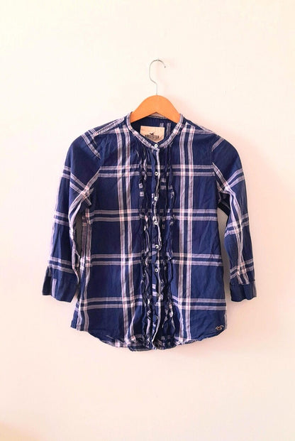 Vintage Y2K HOLLISTER Navy White Pink Check Plaid Frill Cotton Blouse
