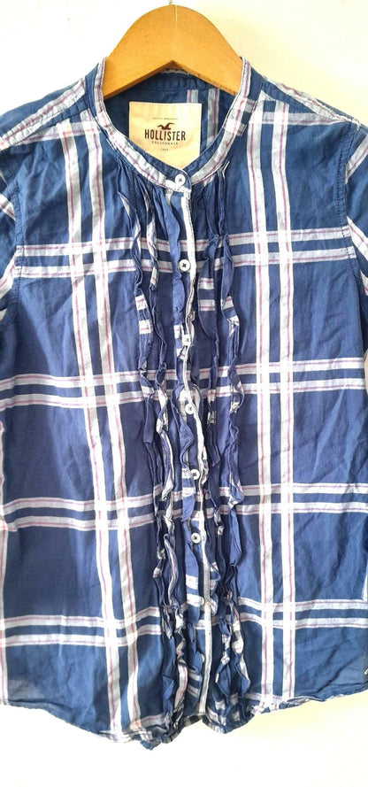 Vintage Y2K HOLLISTER Navy White Pink Check Plaid Frill Cotton Blouse