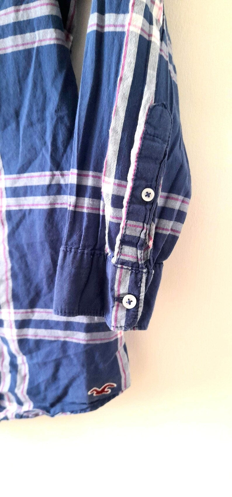 Vintage Y2K HOLLISTER Navy White Pink Check Plaid Frill Cotton Blouse