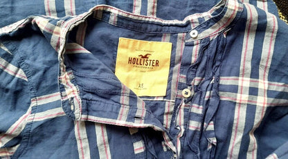 Vintage Y2K HOLLISTER Navy White Pink Check Plaid Frill Cotton Blouse