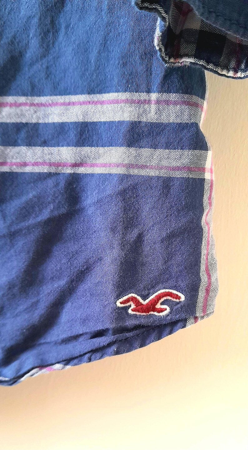 Vintage Y2K HOLLISTER Navy White Pink Check Plaid Frill Cotton Blouse