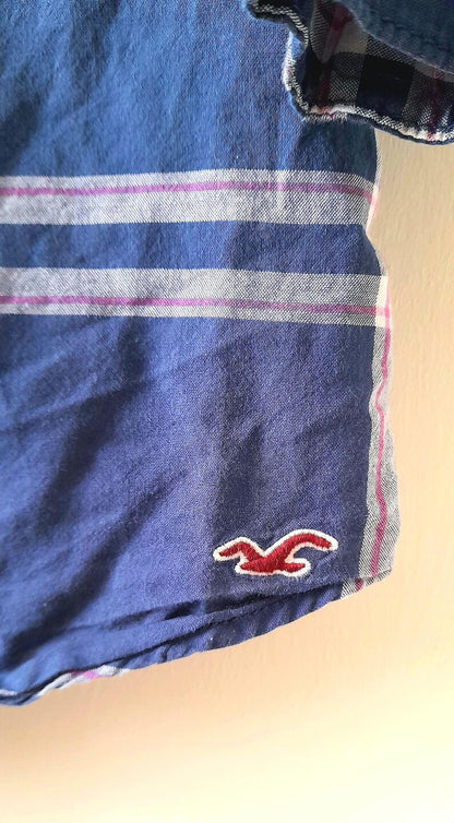 Vintage Y2K HOLLISTER Navy White Pink Check Plaid Frill Cotton Blouse