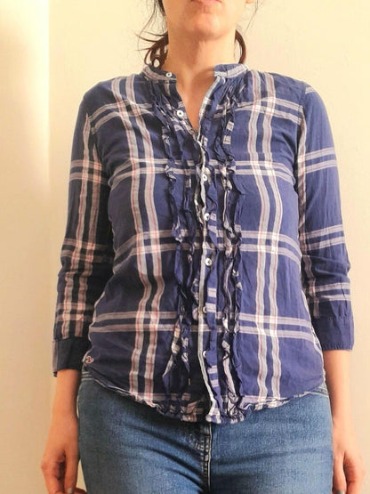 Vintage Y2K HOLLISTER Navy White Pink Check Plaid Frill Cotton Blouse