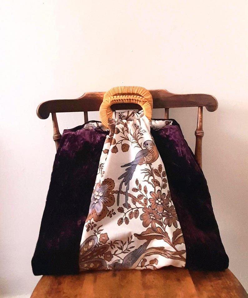 Purple Velvet Cotton Bird & Flowers Vintage Fabric Large Carry Tote Bag