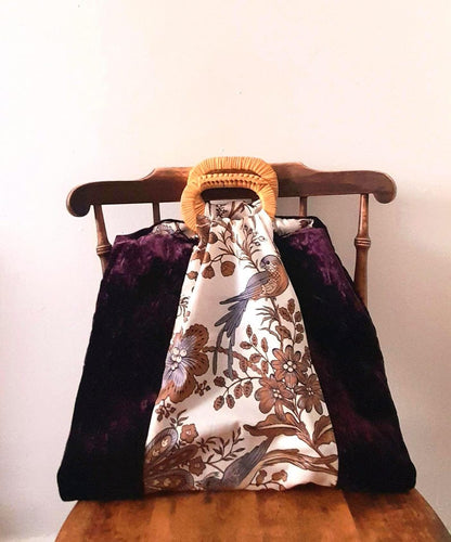 Purple Velvet Cotton Bird & Flowers Vintage Fabric Large Carry Tote Bag