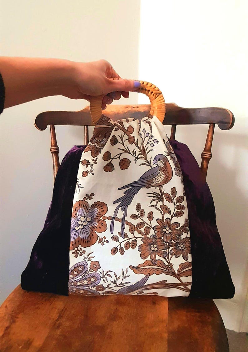 Purple Velvet Cotton Bird & Flowers Vintage Fabric Large Carry Tote Bag