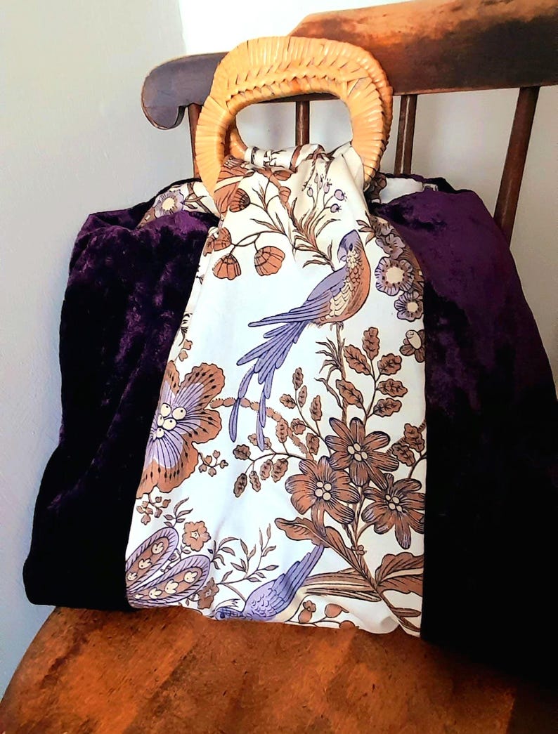Purple Velvet Cotton Bird & Flowers Vintage Fabric Large Carry Tote Bag