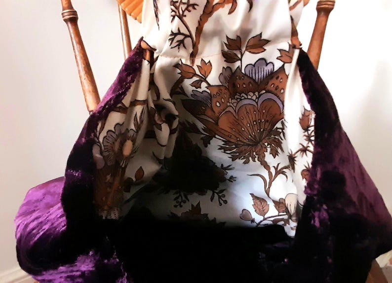 Purple Velvet Cotton Bird & Flowers Vintage Fabric Large Carry Tote Bag