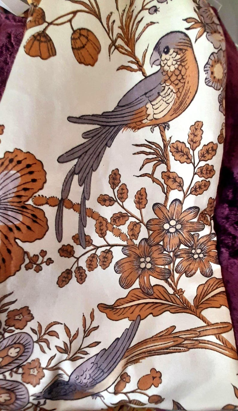 Purple Velvet Cotton Bird & Flowers Vintage Fabric Large Carry Tote Bag