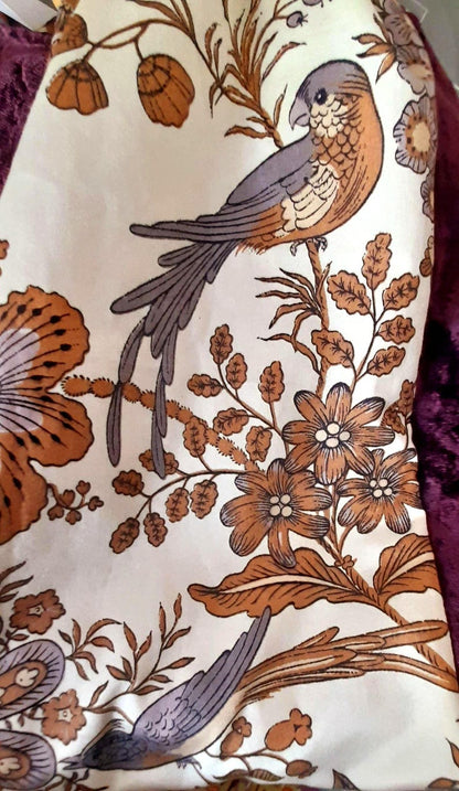Purple Velvet Cotton Bird & Flowers Vintage Fabric Large Carry Tote Bag