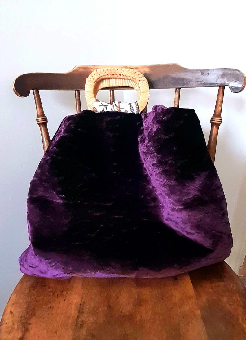 Purple Velvet Cotton Bird & Flowers Vintage Fabric Large Carry Tote Bag