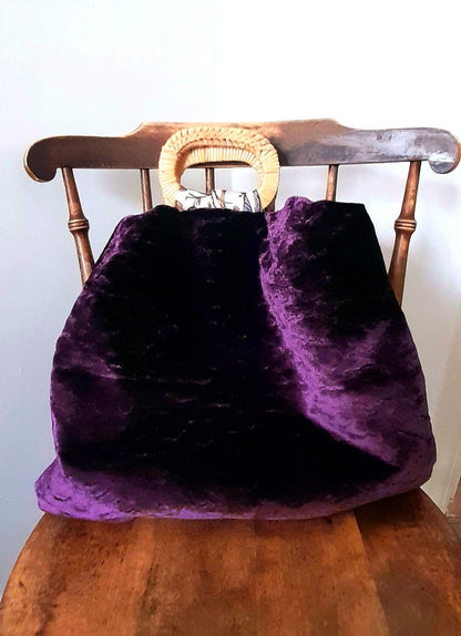 Purple Velvet Cotton Bird & Flowers Vintage Fabric Large Carry Tote Bag