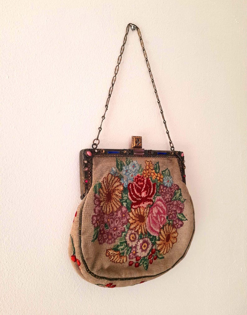 Antique 1930s Tapestry Needlepoint Flower Bag