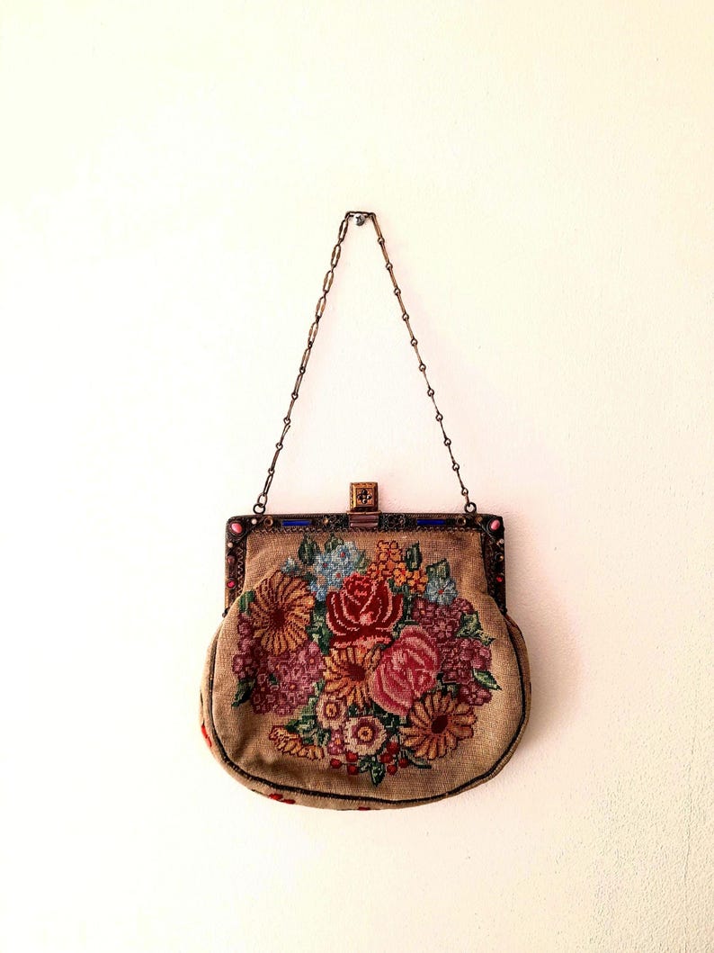 Antique 1930s Tapestry Needlepoint Flower Bag