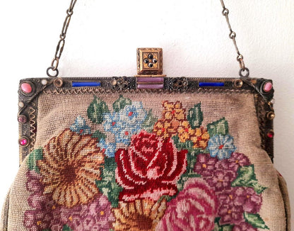 Antique 1930s Tapestry Needlepoint Flower Bag
