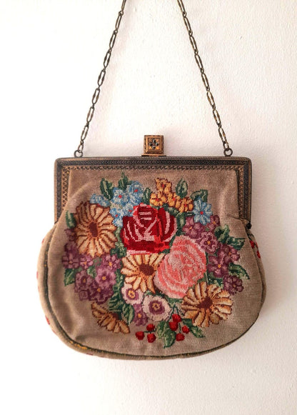 Antique 1930s Tapestry Needlepoint Flower Bag
