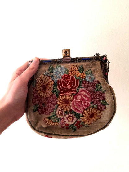 Antique 1930s Tapestry Needlepoint Flower Bag